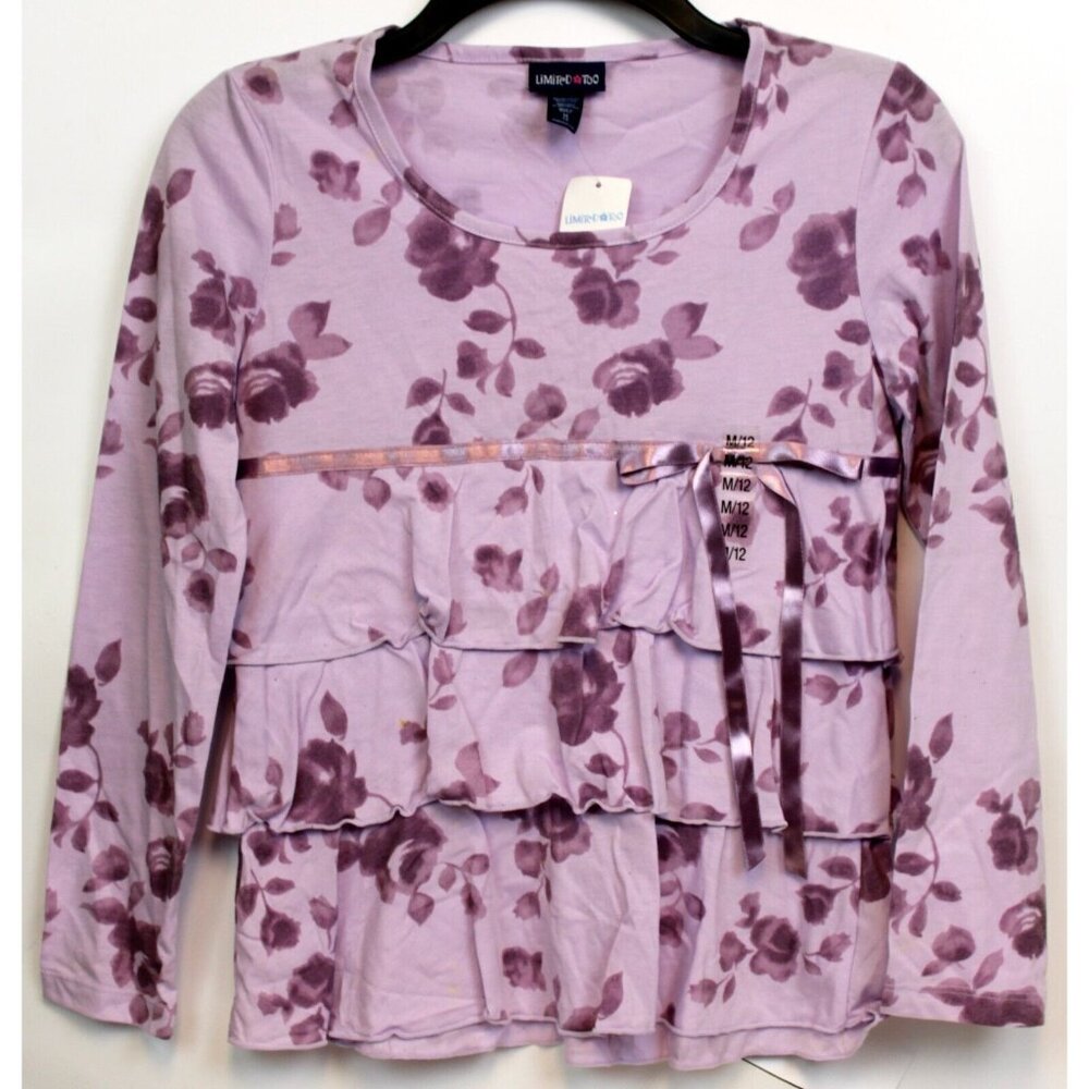 Y2K Limited Too Purple Shirt Flowers Roses Girls Sz Med 12 NEW Ruffled Layer Bow